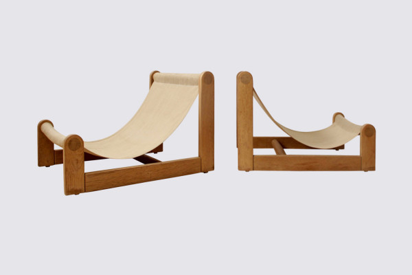 Brutalist oak lounge chairs with canvas sling